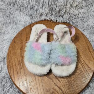 Ugg Cotton Candy Kid Fluff Yeah Youth Size 2 Retro Fur Pastel Pink/Blue Slippers